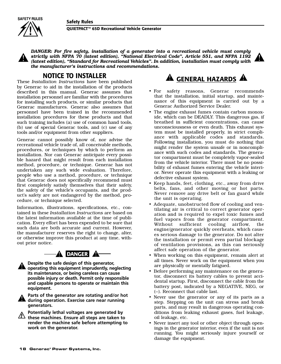 Notice to installer, General hazards | Generac 004614-1 User Manual | Page 20 / 68