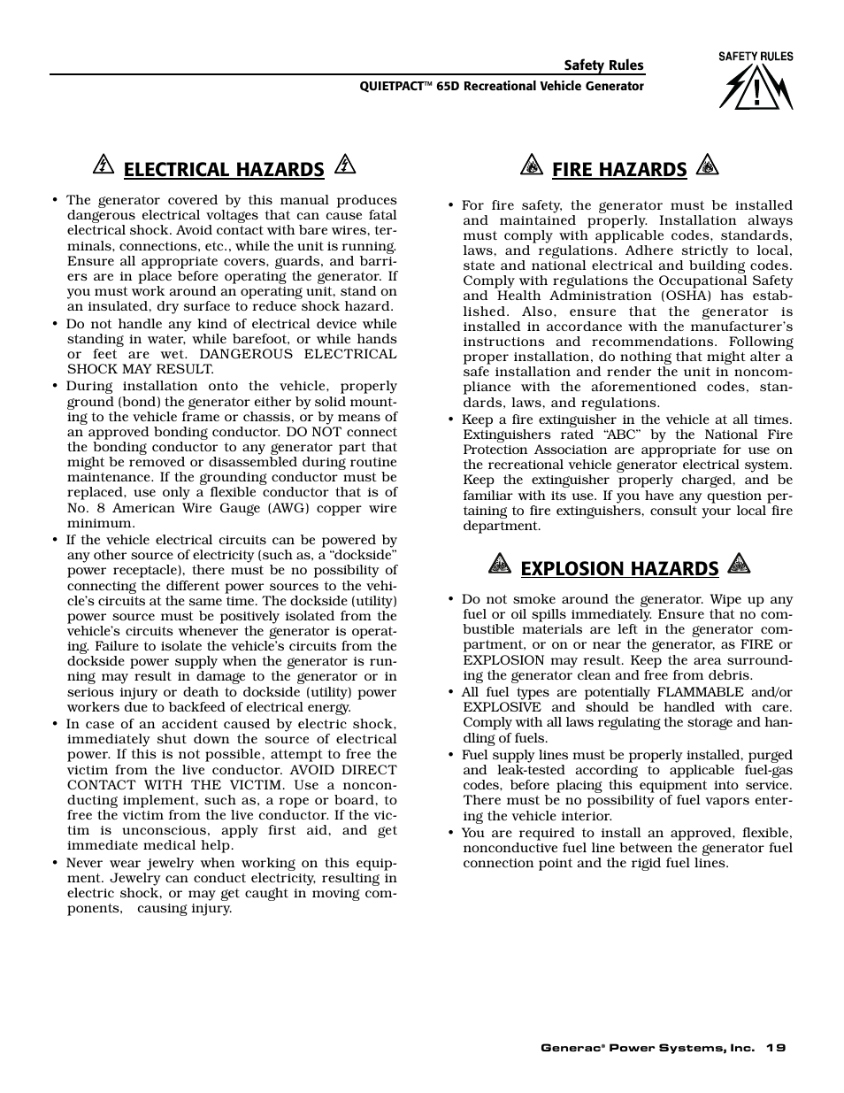 Electrical hazards, Fire hazards, Explosion hazards | Generac 004614-1 User Manual | Page 21 / 68