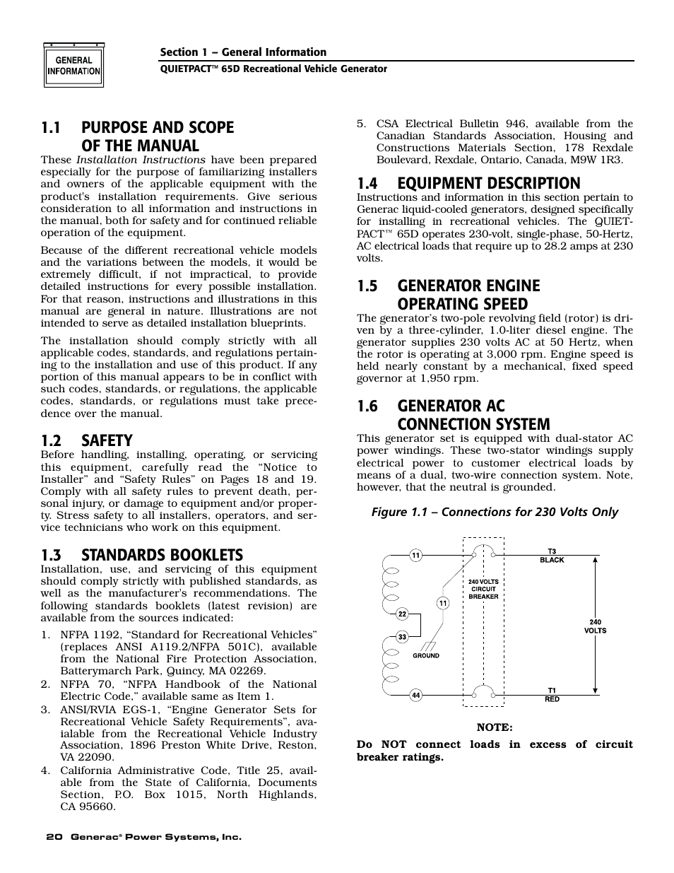 1 purpose and scope of the manual, 2 safety, 3 standards booklets | 4 equipment description, 5 generator engine operating speed, 6 generator ac connection system | Generac 004614-1 User Manual | Page 22 / 68