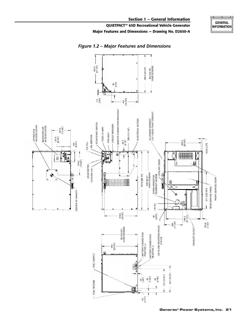 Figure 1.2 – major features and dimensions, Generac, Power systems, inc. 21 | Generac 004614-1 User Manual | Page 23 / 68