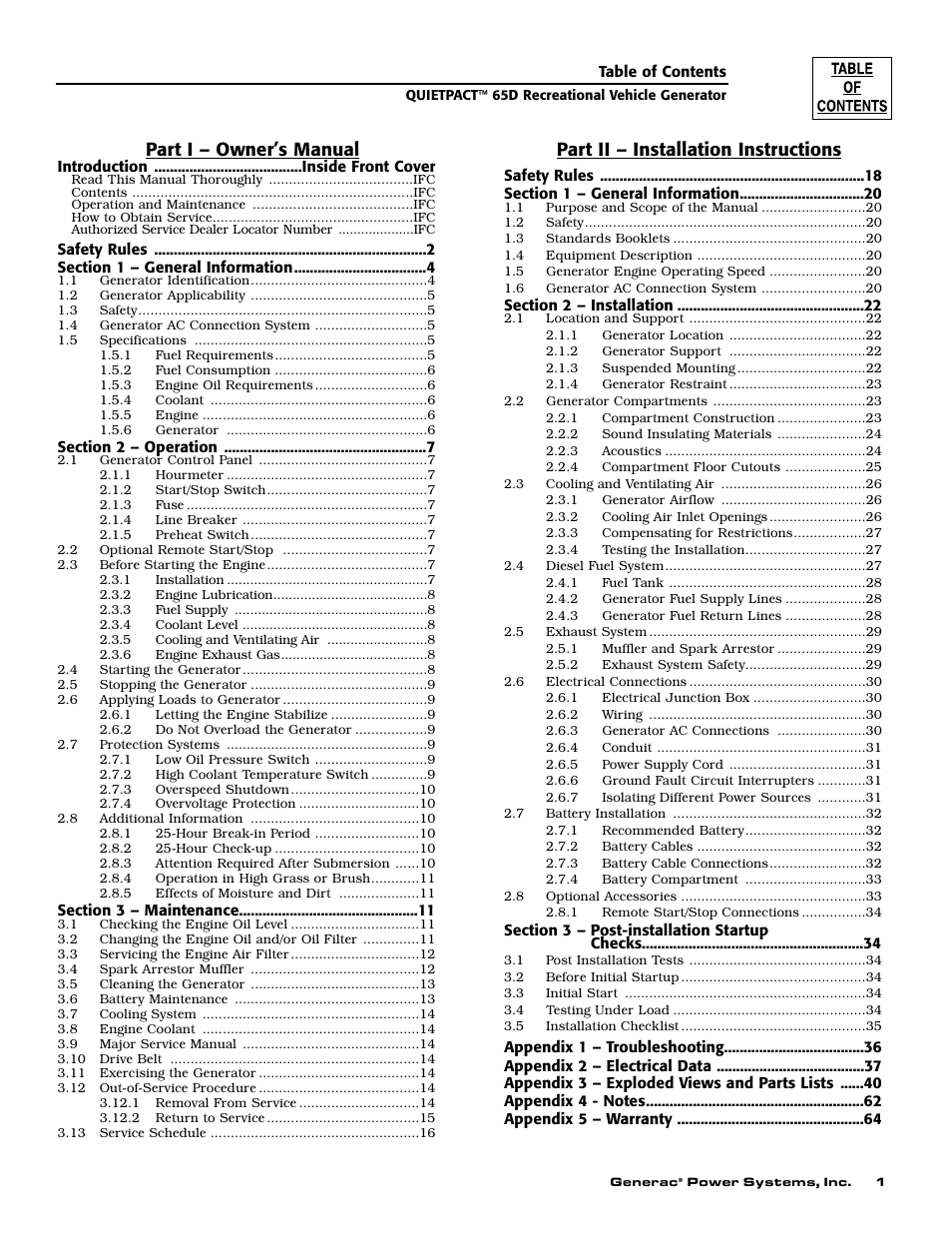 Part i – owner’s manual, Part ii – installation instructions | Generac 004614-1 User Manual | Page 3 / 68