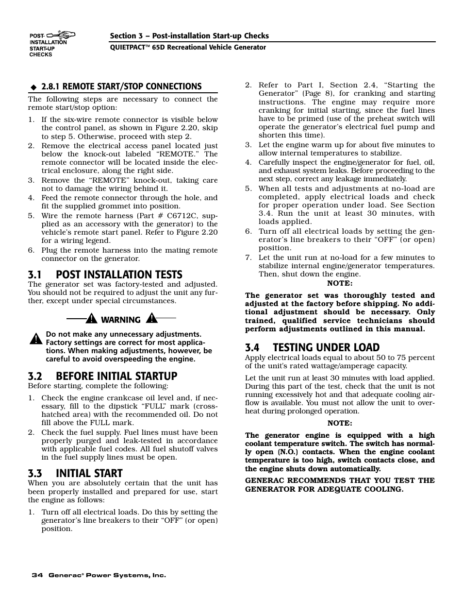 1 post installation tests, 2 before initial startup, 3 initial start | 4 testing under load | Generac 004614-1 User Manual | Page 36 / 68
