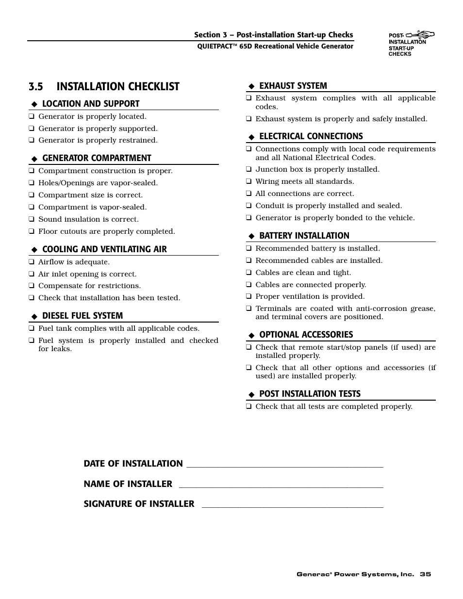 5 installation checklist | Generac 004614-1 User Manual | Page 37 / 68