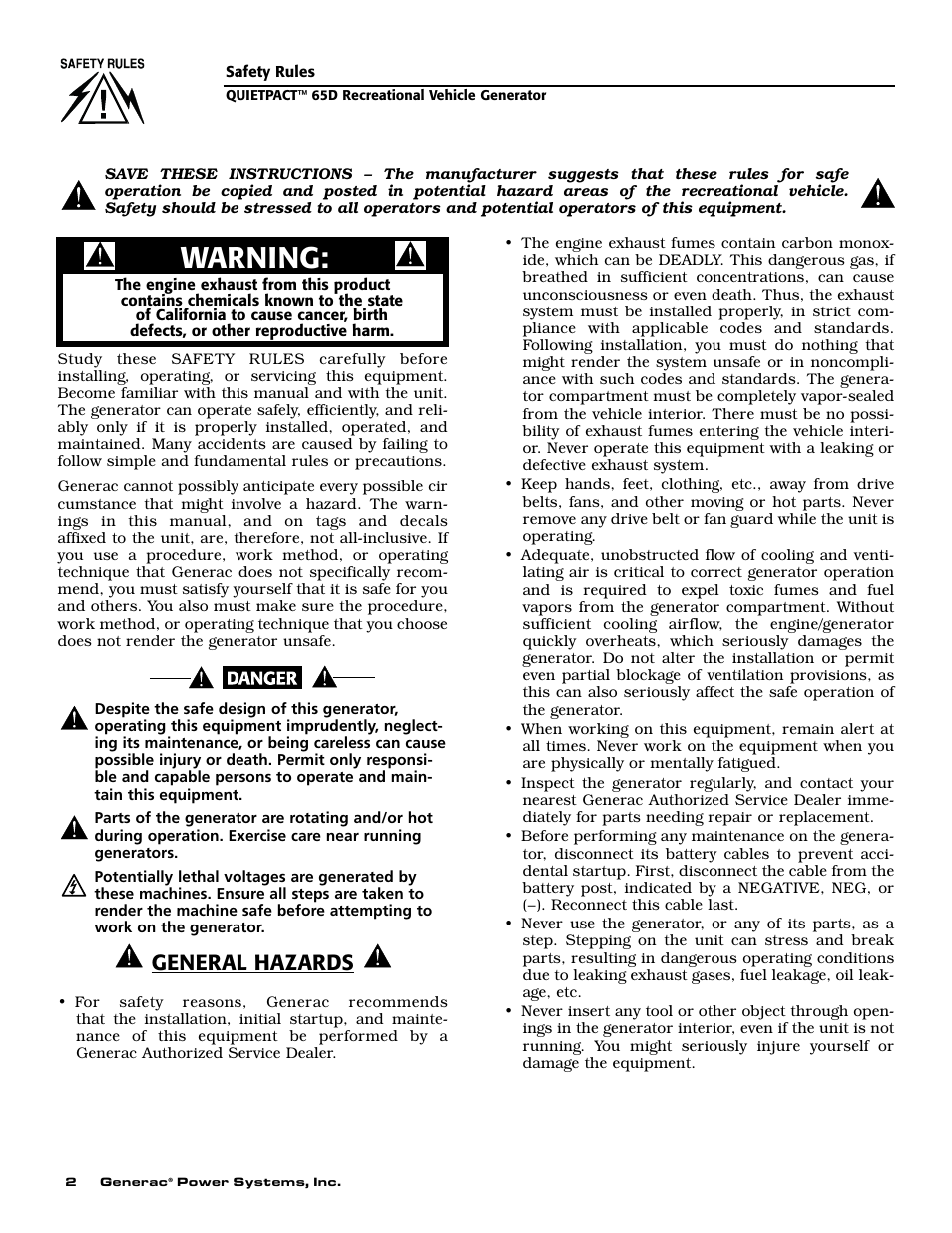 Warning, General hazards | Generac 004614-1 User Manual | Page 4 / 68