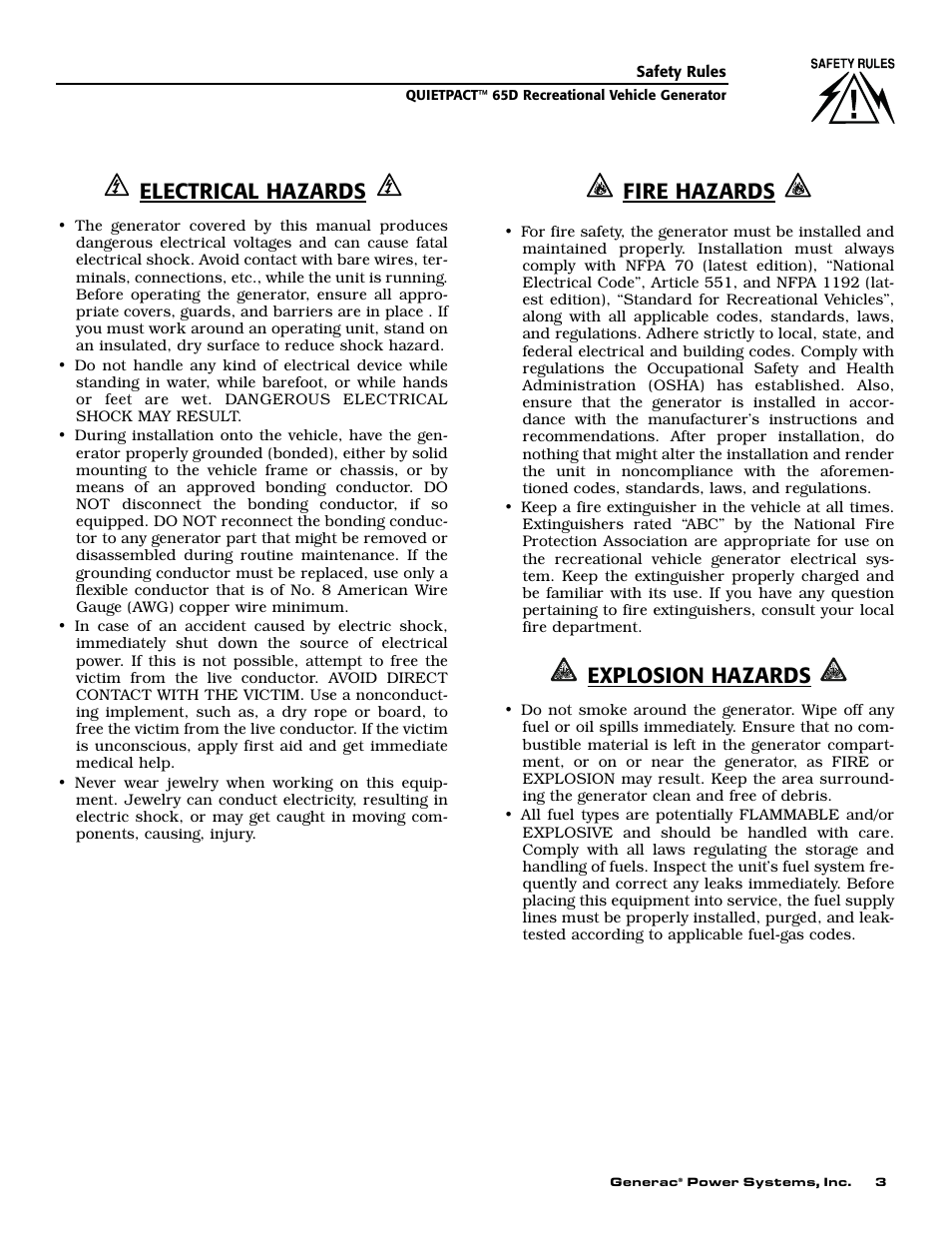 Electrical hazards, Fire hazards, Explosion hazards | Generac 004614-1 User Manual | Page 5 / 68