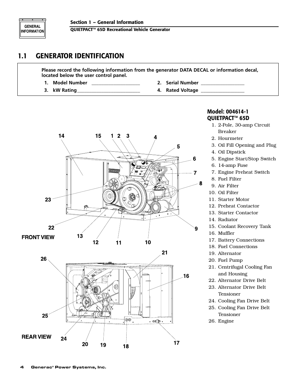 1 generator identification | Generac 004614-1 User Manual | Page 6 / 68