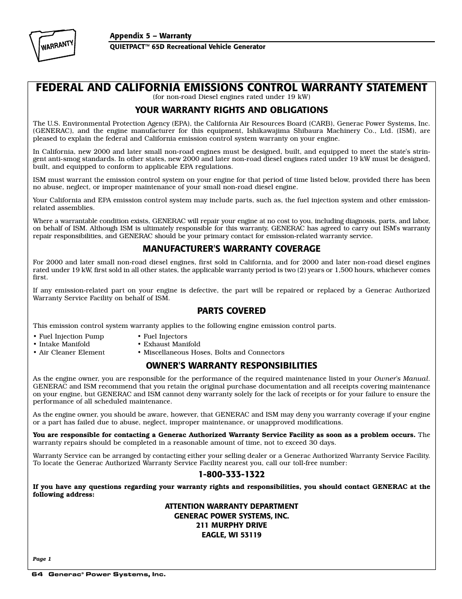 Your warranty rights and obligations, Manufacturer's warranty coverage, Parts covered | Owner's warranty responsibilities | Generac 004614-1 User Manual | Page 66 / 68
