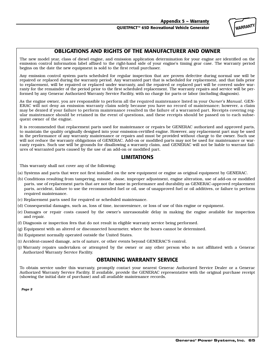 Limitations, Obtaining warranty service | Generac 004614-1 User Manual | Page 67 / 68