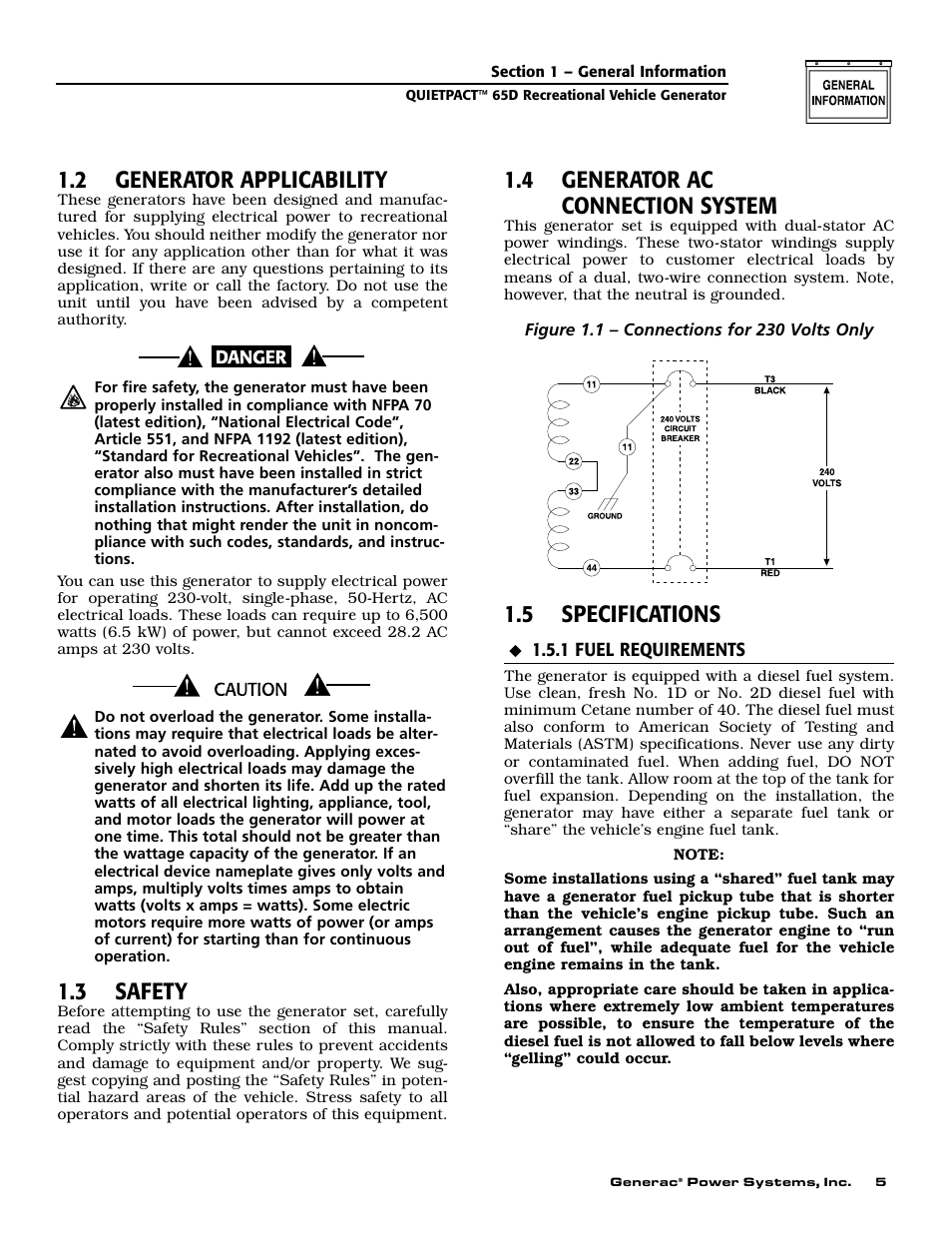 2 generator applicability, 3 safety, 4 generator ac connection system | 5 specifications | Generac 004614-1 User Manual | Page 7 / 68