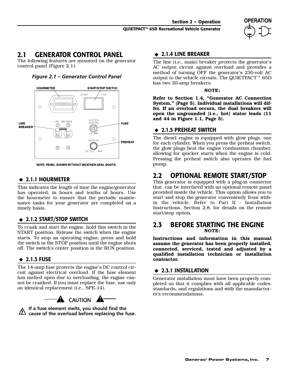 1 generator control panel, 2 optional remote start/stop, 3 before starting the engine | Generac 004614-1 User Manual | Page 9 / 68