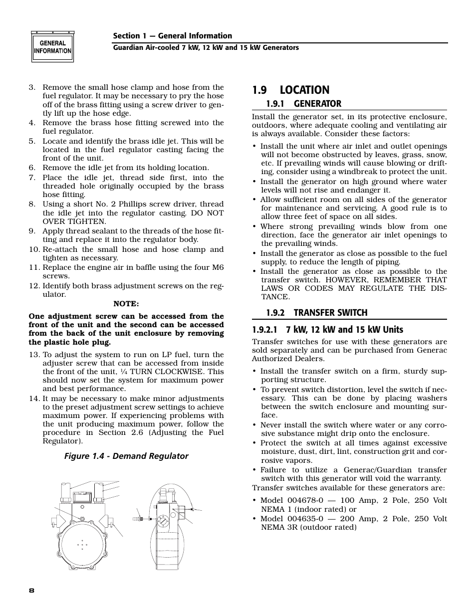 9 location, 1 generator, Figure 1.4 - demand regulator | Generac 04758-1 User Manual | Page 10 / 56