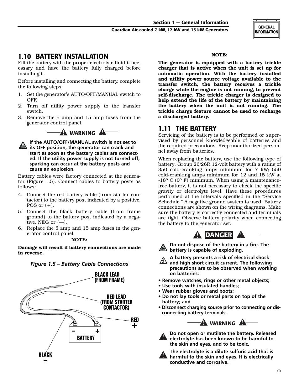 10 battery installation, 11 the battery, Danger | Generac 04758-1 User Manual | Page 11 / 56