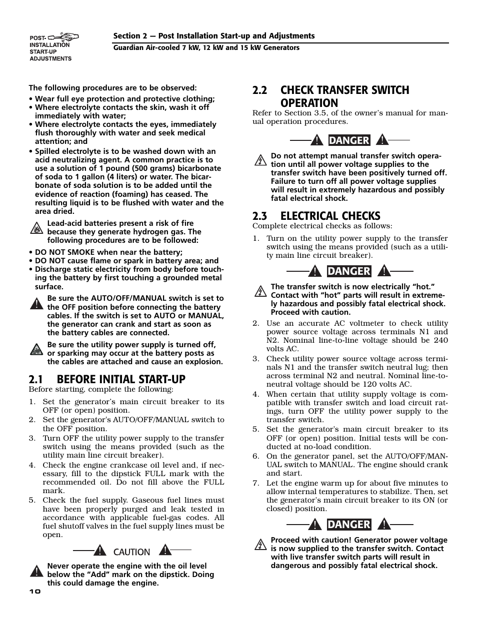 1 before initial start-up, 2 check transfer switch operation, 3 electrical checks | Danger | Generac 04758-1 User Manual | Page 12 / 56