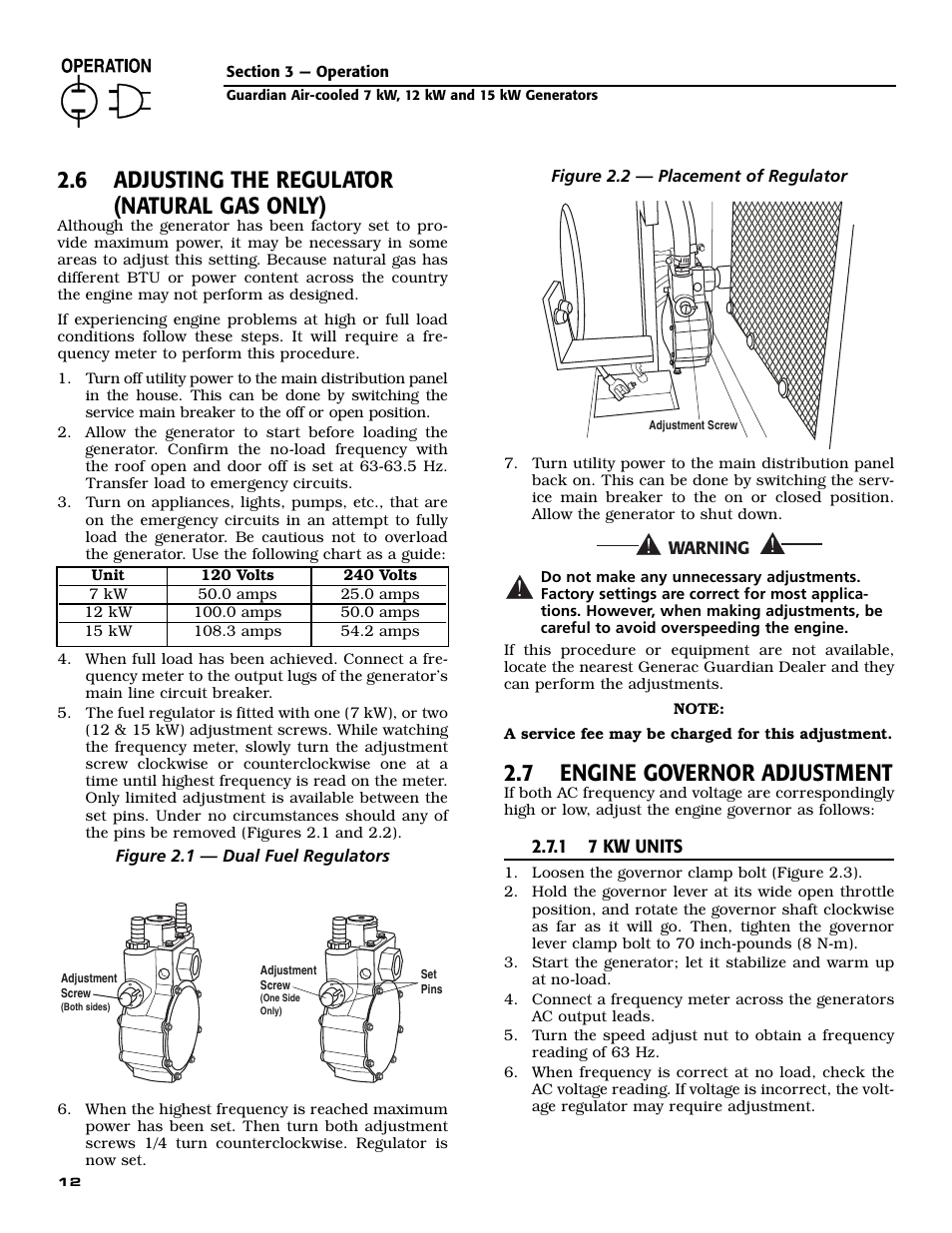 6 adjusting the regulator (natural gas only), 7 engine governor adjustment | Generac 04758-1 User Manual | Page 14 / 56