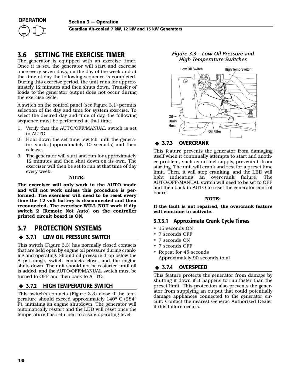 6 setting the exercise timer, 7 protection systems | Generac 04758-1 User Manual | Page 18 / 56