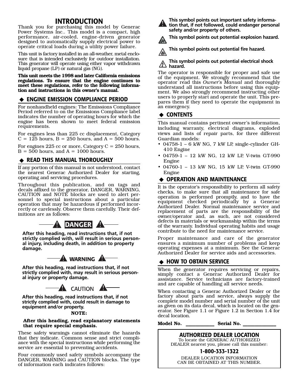 Introduction, Danger | Generac 04758-1 User Manual | Page 2 / 56