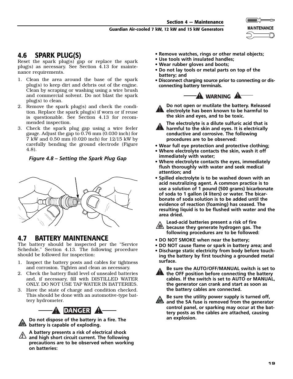 6 spark plug(s), 7 battery maintenance, Danger | Generac 04758-1 User Manual | Page 21 / 56