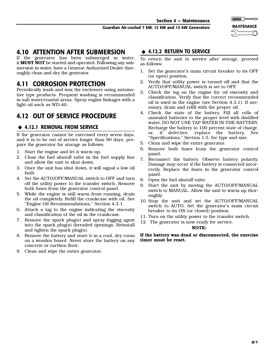 10 attention after submersion, 11 corrosion protection, 12 out of service procedure | Generac 04758-1 User Manual | Page 23 / 56