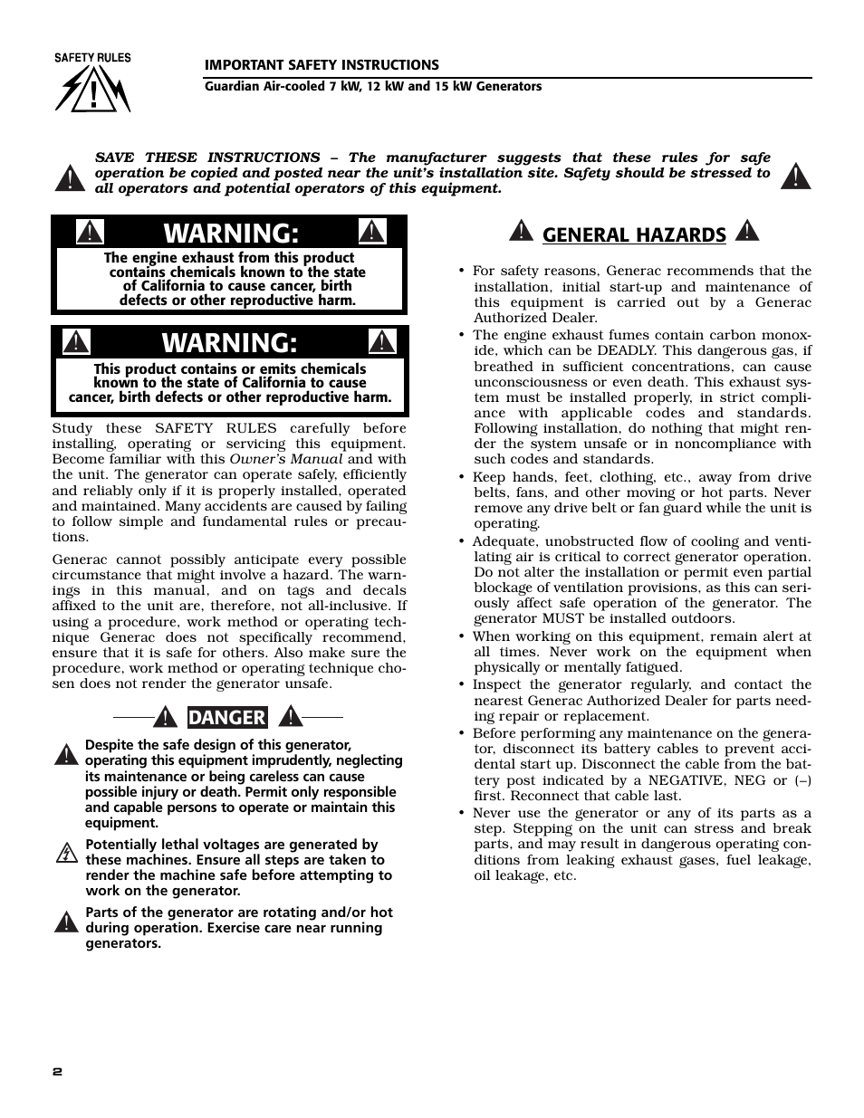 Warning | Generac 04758-1 User Manual | Page 4 / 56
