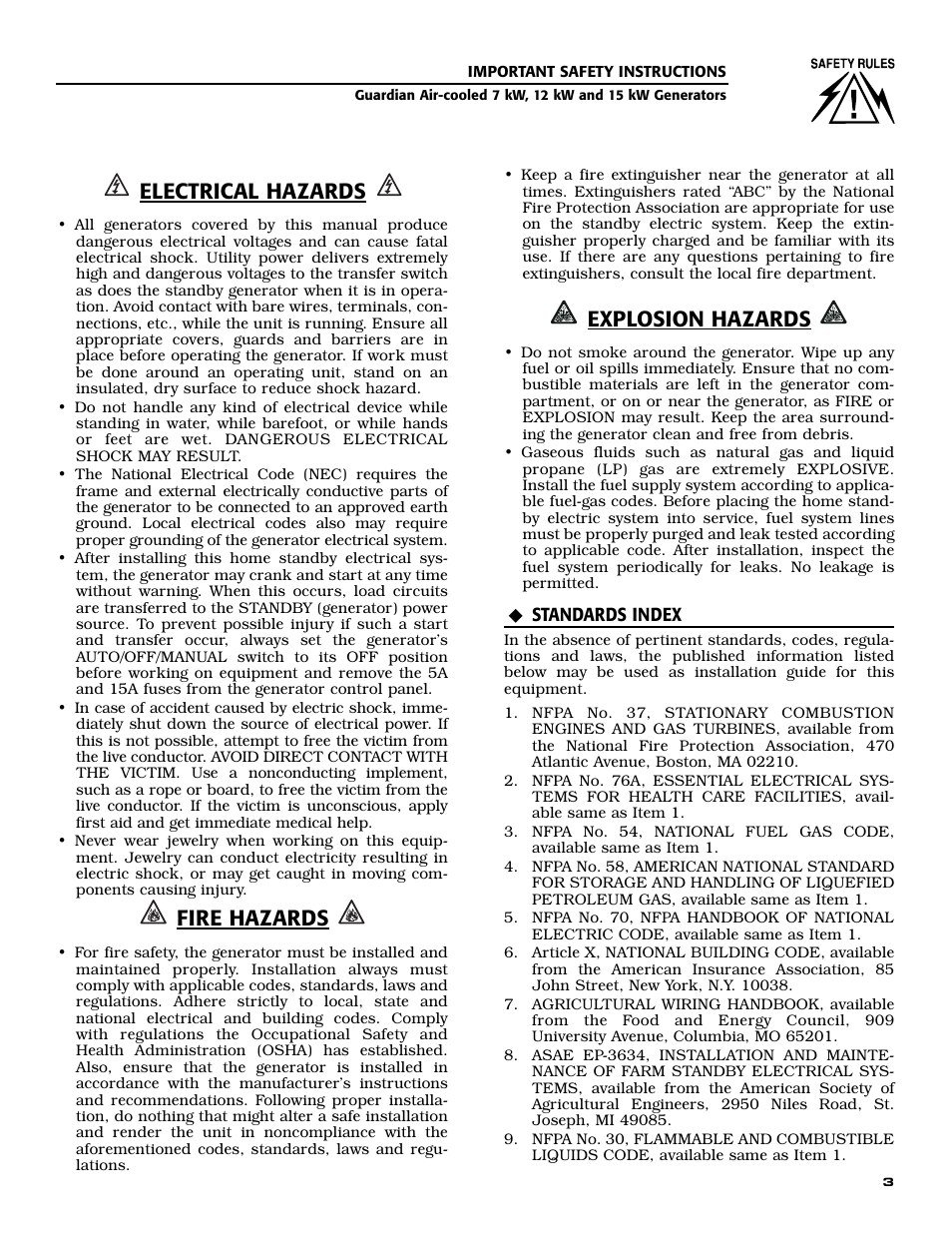 Electrical hazards, Fire hazards, Explosion hazards | Generac 04758-1 User Manual | Page 5 / 56