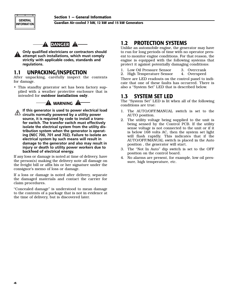 1 unpacking/inspection, 2 protection systems, 3 system set led | Generac 04758-1 User Manual | Page 6 / 56