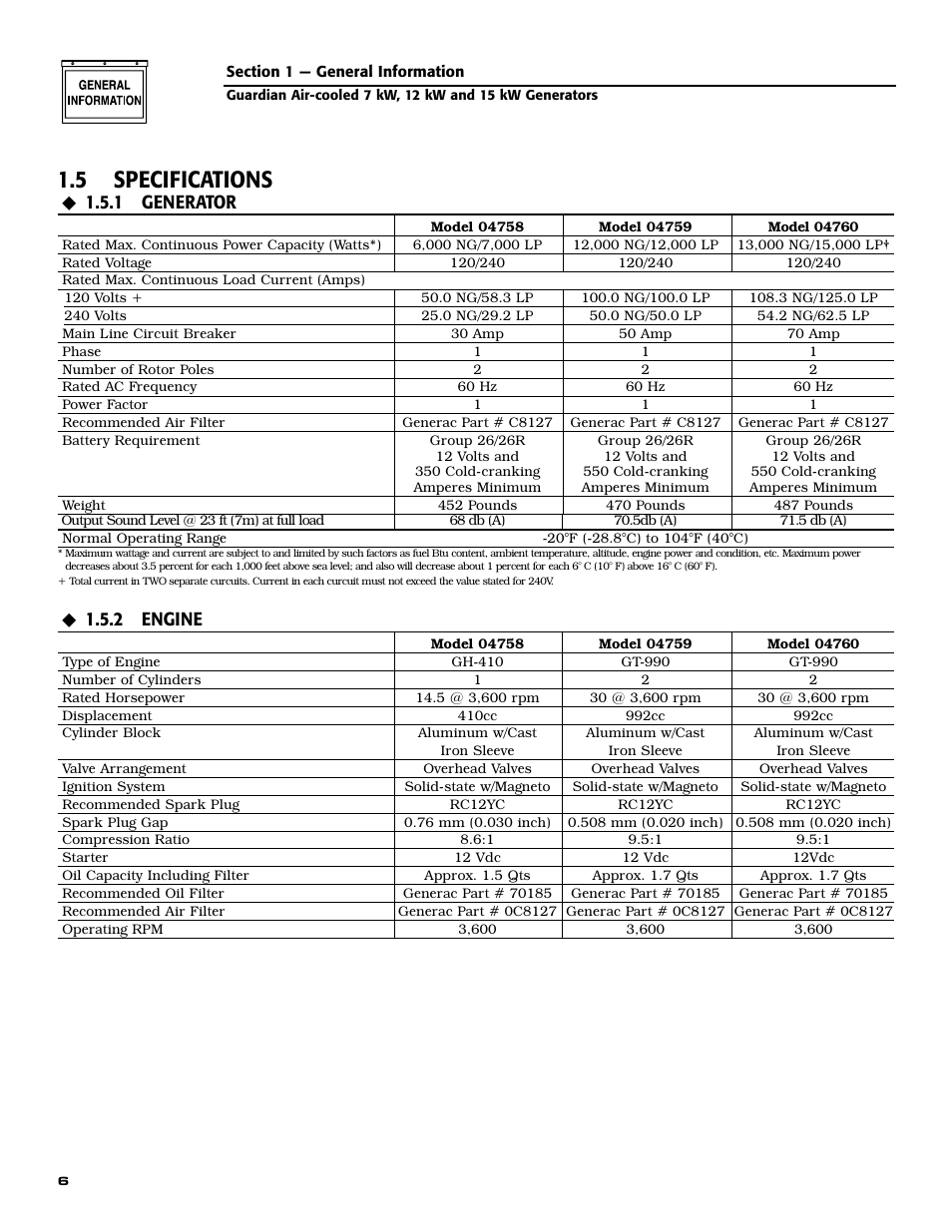 5 specifications, 1 generator, 2 engine | Generac 04758-1 User Manual | Page 8 / 56
