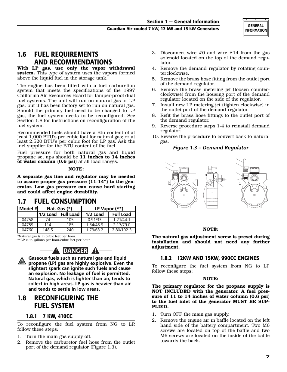 6 fuel requirements and recommendations, 7 fuel consumption, 8 reconfiguring the fuel system | Danger | Generac 04758-1 User Manual | Page 9 / 56