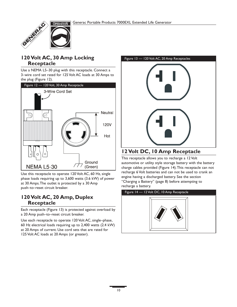 12 volt dc, 10 amp receptacle | Generac 7000exl User Manual | Page 10 / 24