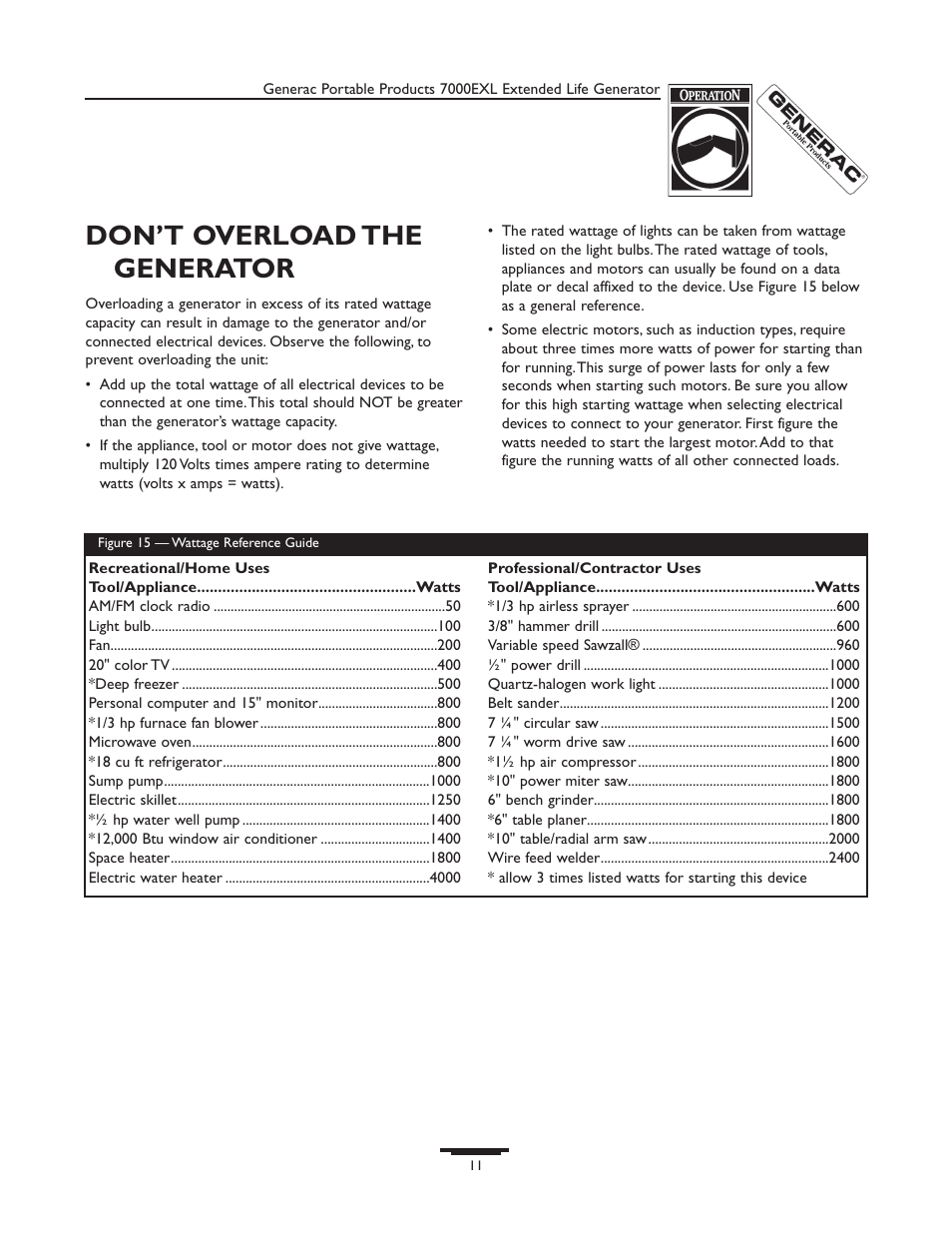Don’t overload the generator | Generac 7000exl User Manual | Page 11 / 24