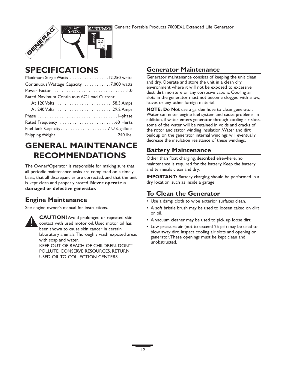Specifications, General maintenance recommendations, Engine maintenance | Generator maintenance, Battery maintenance | Generac 7000exl User Manual | Page 12 / 24