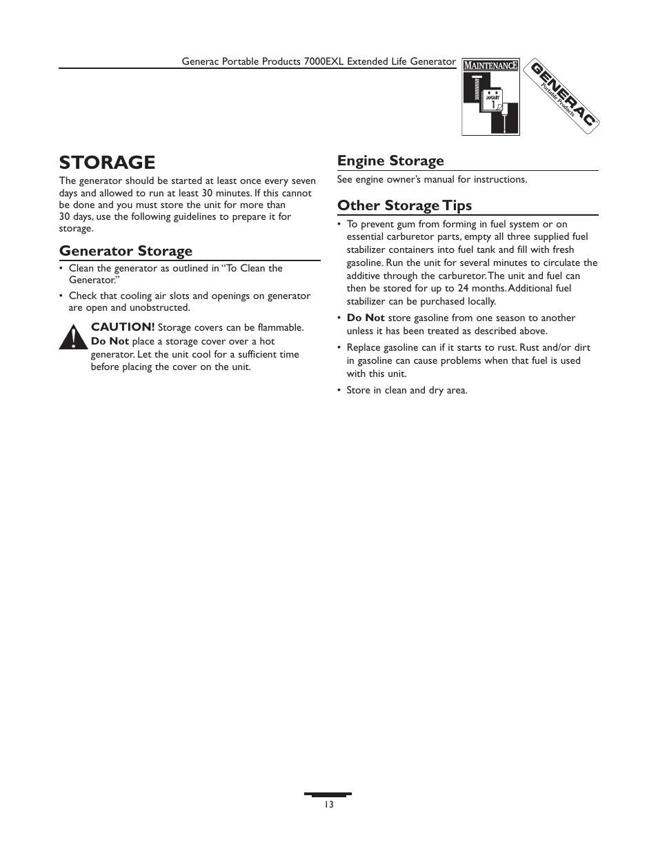 Storage, Generator storage, Engine storage | Other storage tips | Generac 7000exl User Manual | Page 13 / 24
