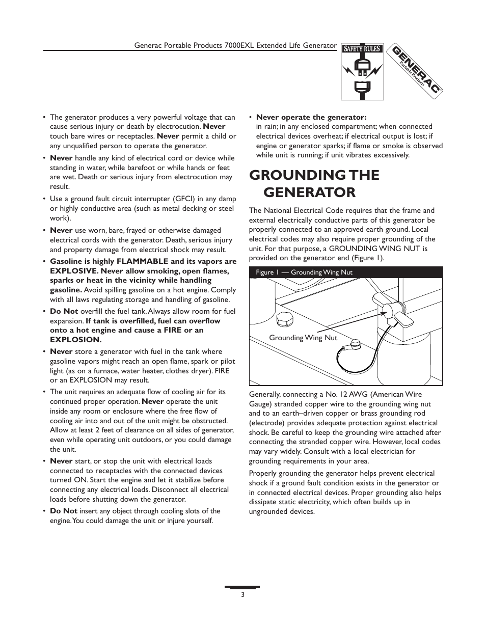 Grounding the generator | Generac 7000exl User Manual | Page 3 / 24