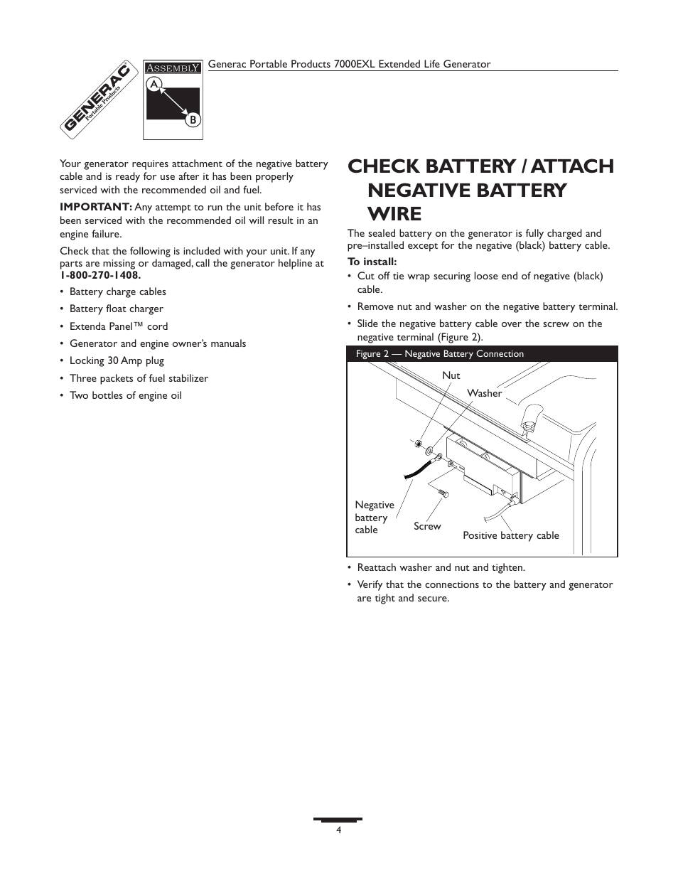 Check battery / attach negative battery wire | Generac 7000exl User Manual | Page 4 / 24