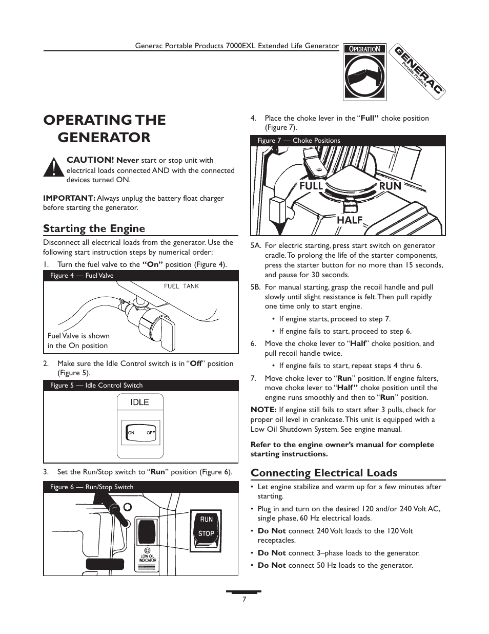 Operating the generator, Starting the engine, Connecting electrical loads | Generac 7000exl User Manual | Page 7 / 24