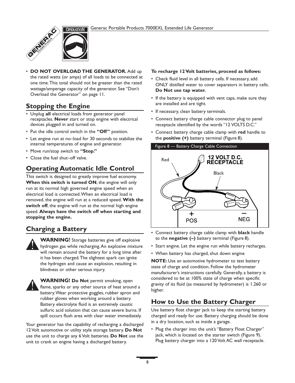 Stopping the engine, Operating automatic idle control, Charging a battery | How to use the battery charger | Generac 7000exl User Manual | Page 8 / 24