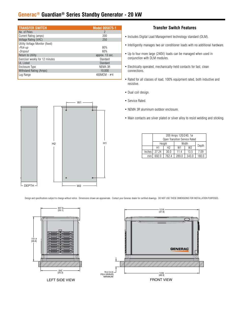 Generac, Guardian, Series standby generator - 20 kw | Transfer switch features | Generac 005875-1 User Manual | Page 4 / 5