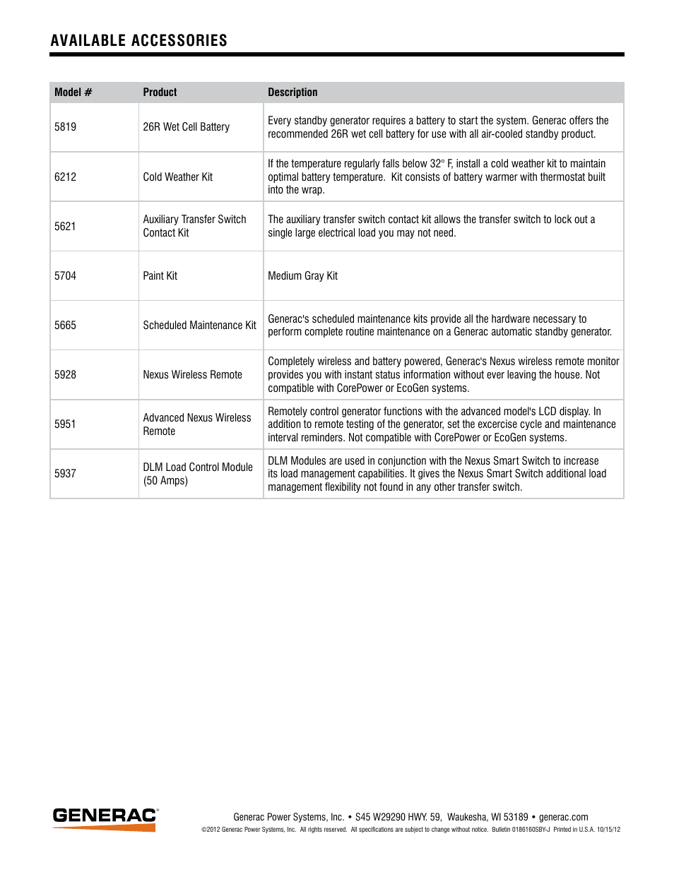 Available accessories | Generac 005875-1 User Manual | Page 5 / 5