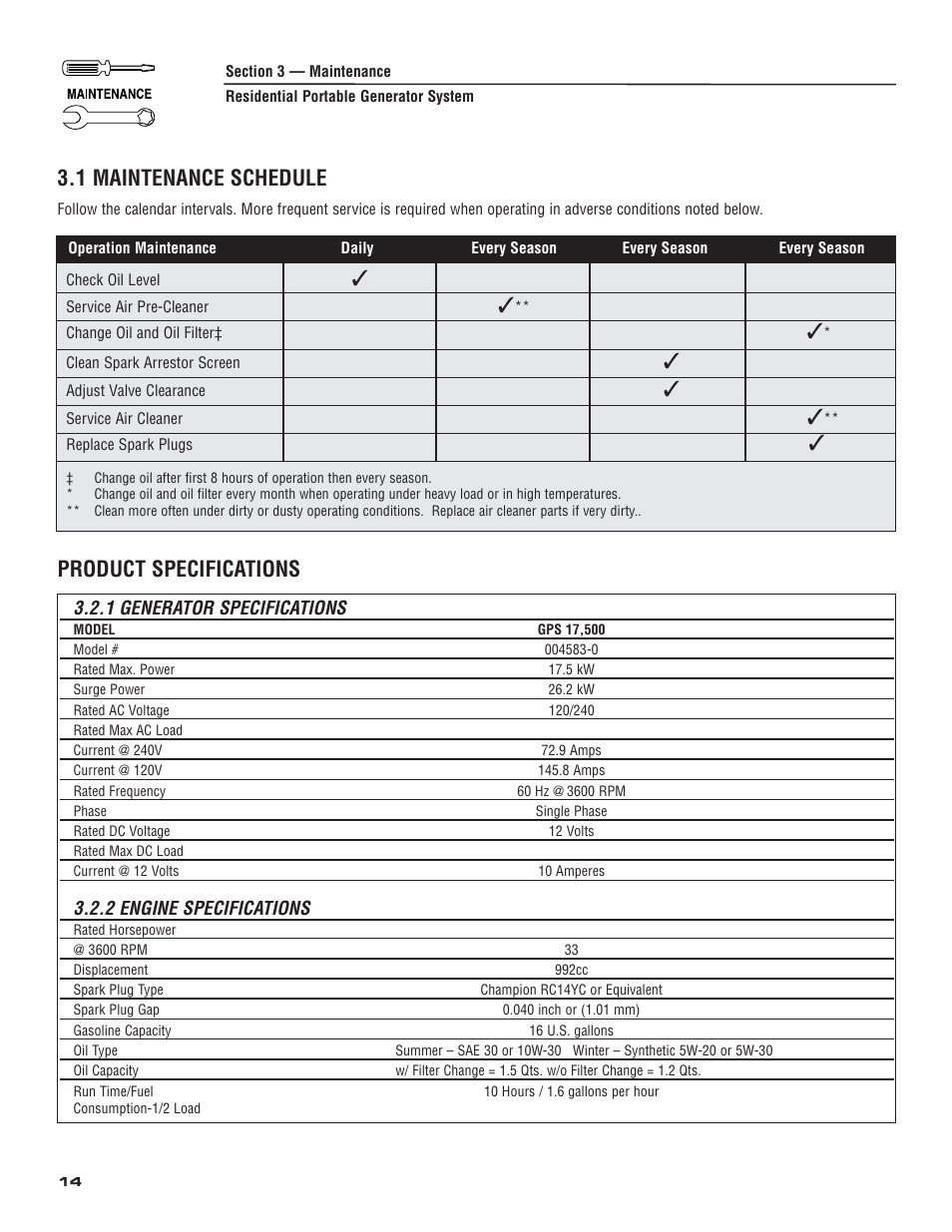 1 maintenance schedule, Product specifications, 1 generator specifications | 2 engine specifications | Generac 004583-0 User Manual | Page 16 / 48