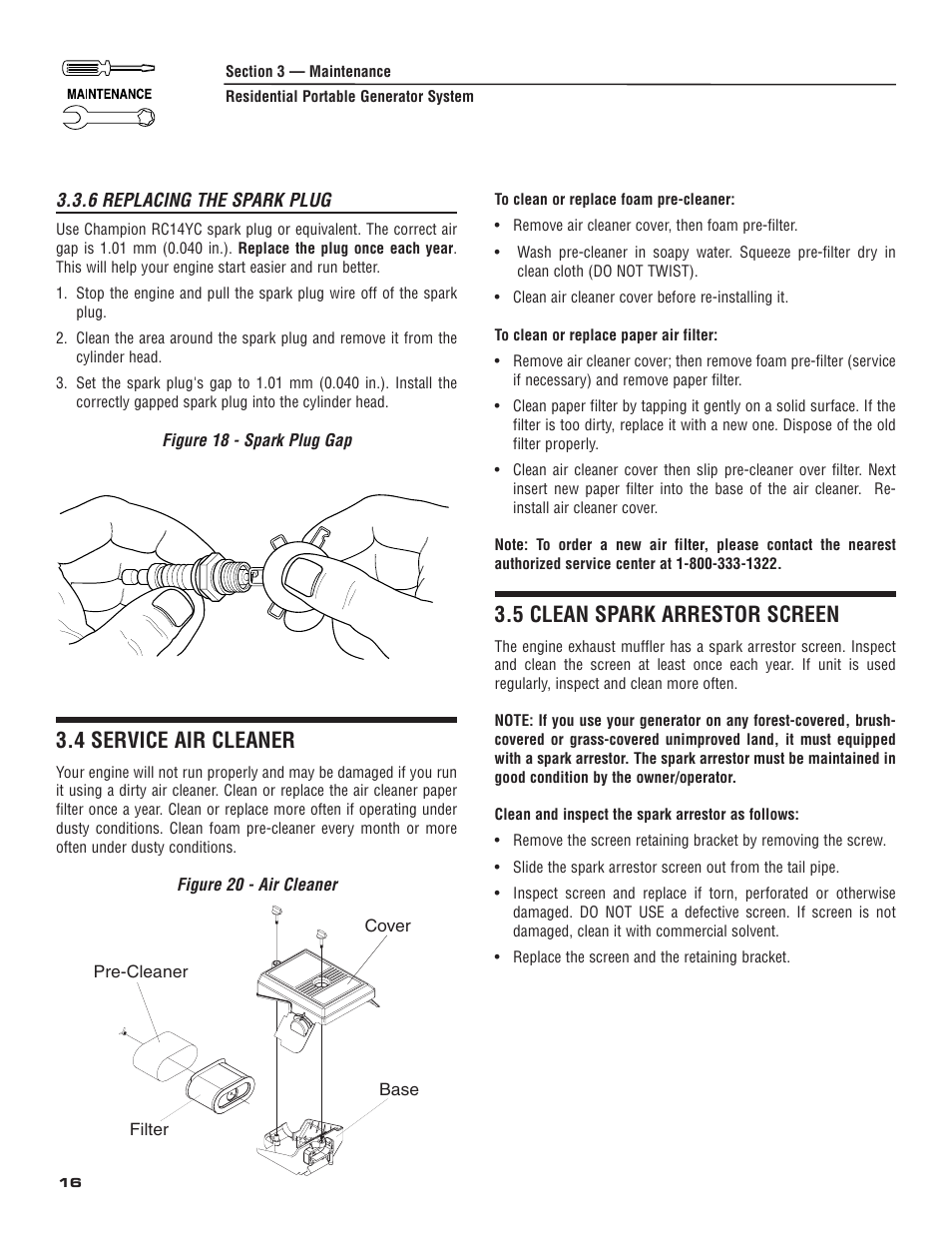 4 service air cleaner, 5 clean spark arrestor screen | Generac 004583-0 User Manual | Page 18 / 48