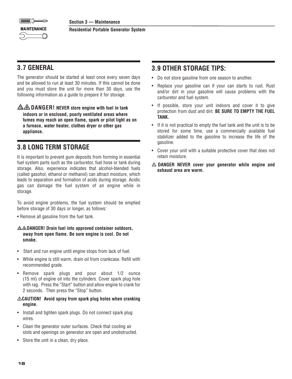 7 general, 8 long term storage, 9 other storage tips | Generac 004583-0 User Manual | Page 20 / 48