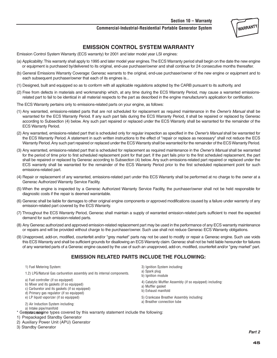 Emission control system warranty | Generac 004583-0 User Manual | Page 47 / 48