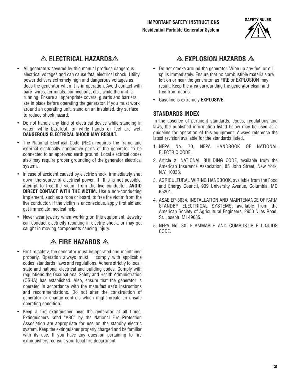 Ꮨ electrical hazards Ꮨ, Ƹ fire hazards ƹ, Ʒ explosion hazards ʒ | Generac 004583-0 User Manual | Page 5 / 48