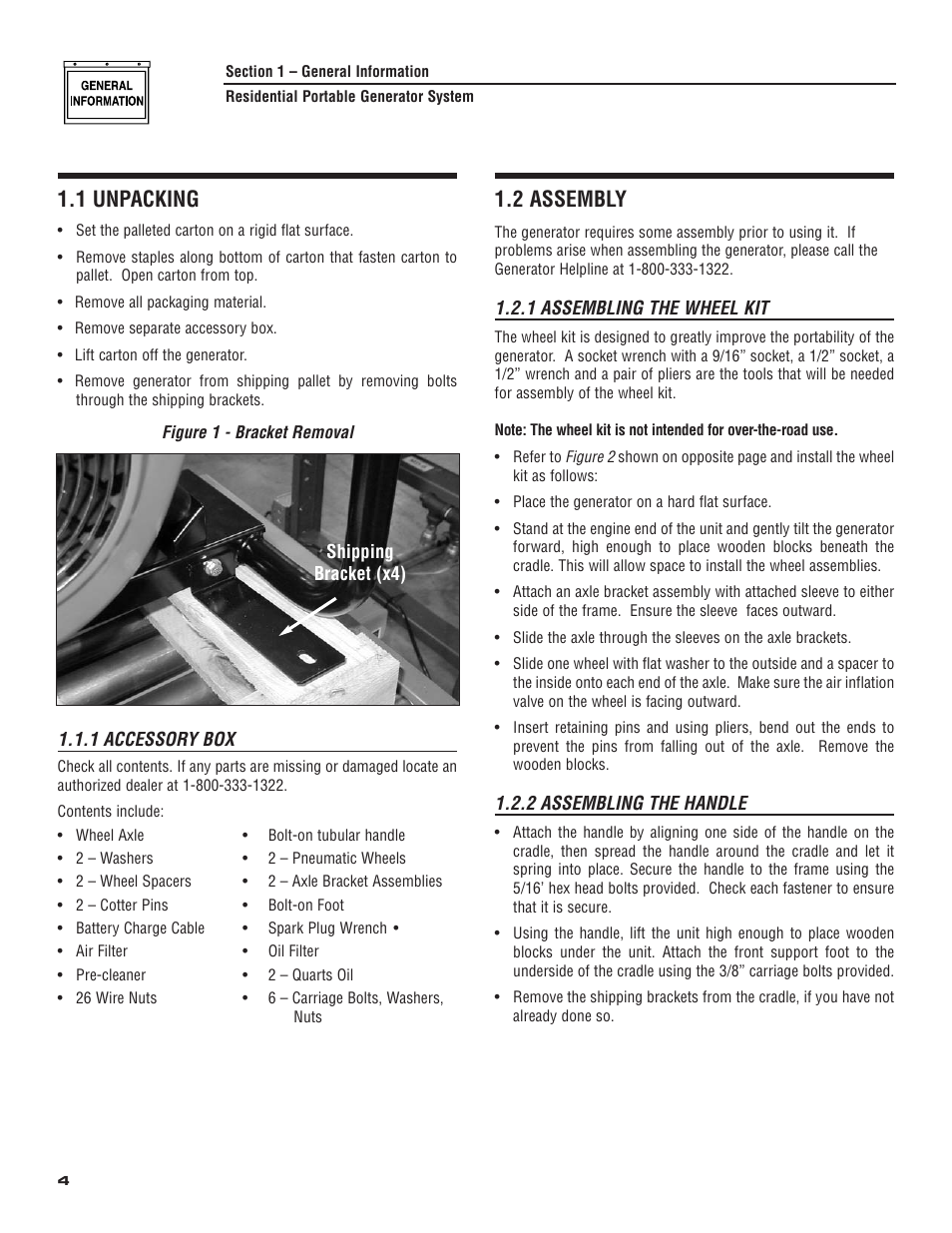 1 unpacking, 2 assembly, 1 accessory box | 1 assembling the wheel kit, 2 assembling the handle | Generac 004583-0 User Manual | Page 6 / 48