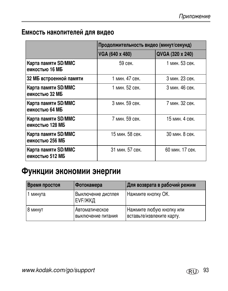 Емкость накопителей для видео, Функции экономии энергии | Kodak Z7590 User Manual | Page 103 / 118