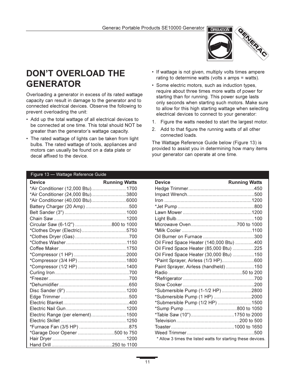 Dont overload the generator | Generac SE10000 User Manual | Page 11 / 24