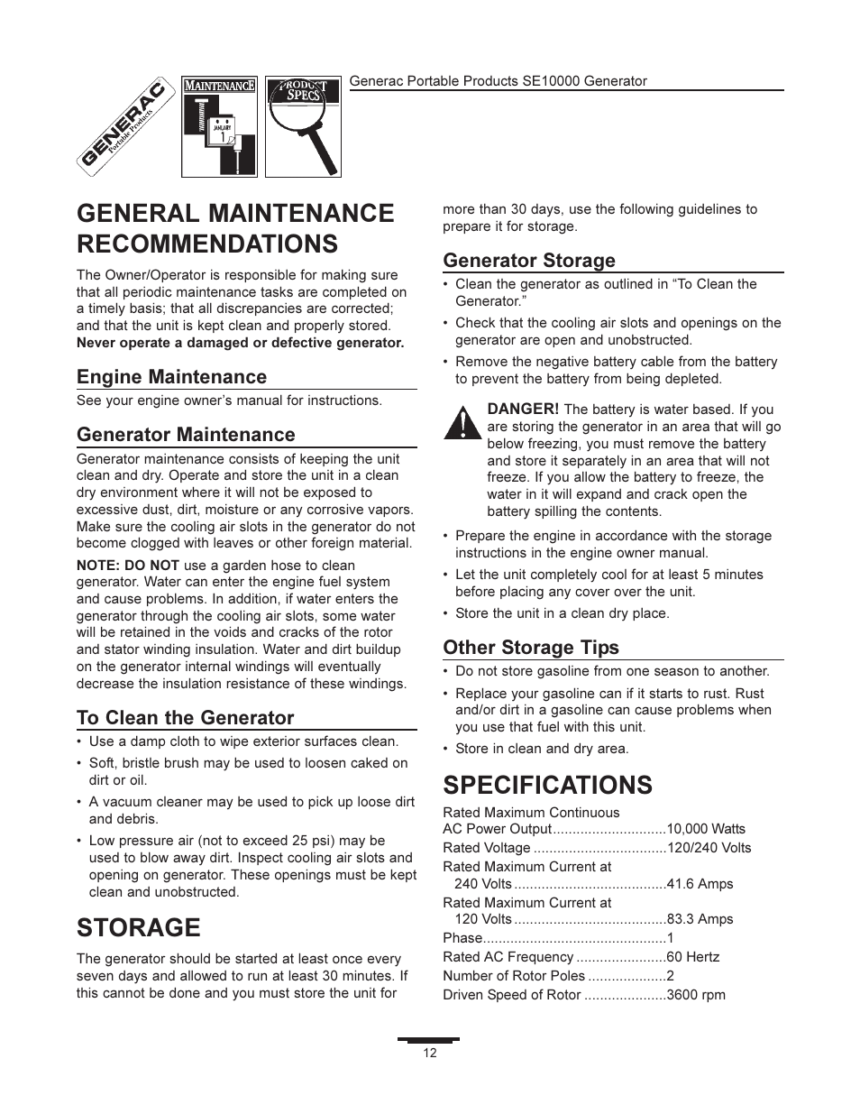 General maintenance recommendations, Storage, Specifications | Engine maintenance, Generator maintenance, Generator storage, Other storage tips | Generac SE10000 User Manual | Page 12 / 24