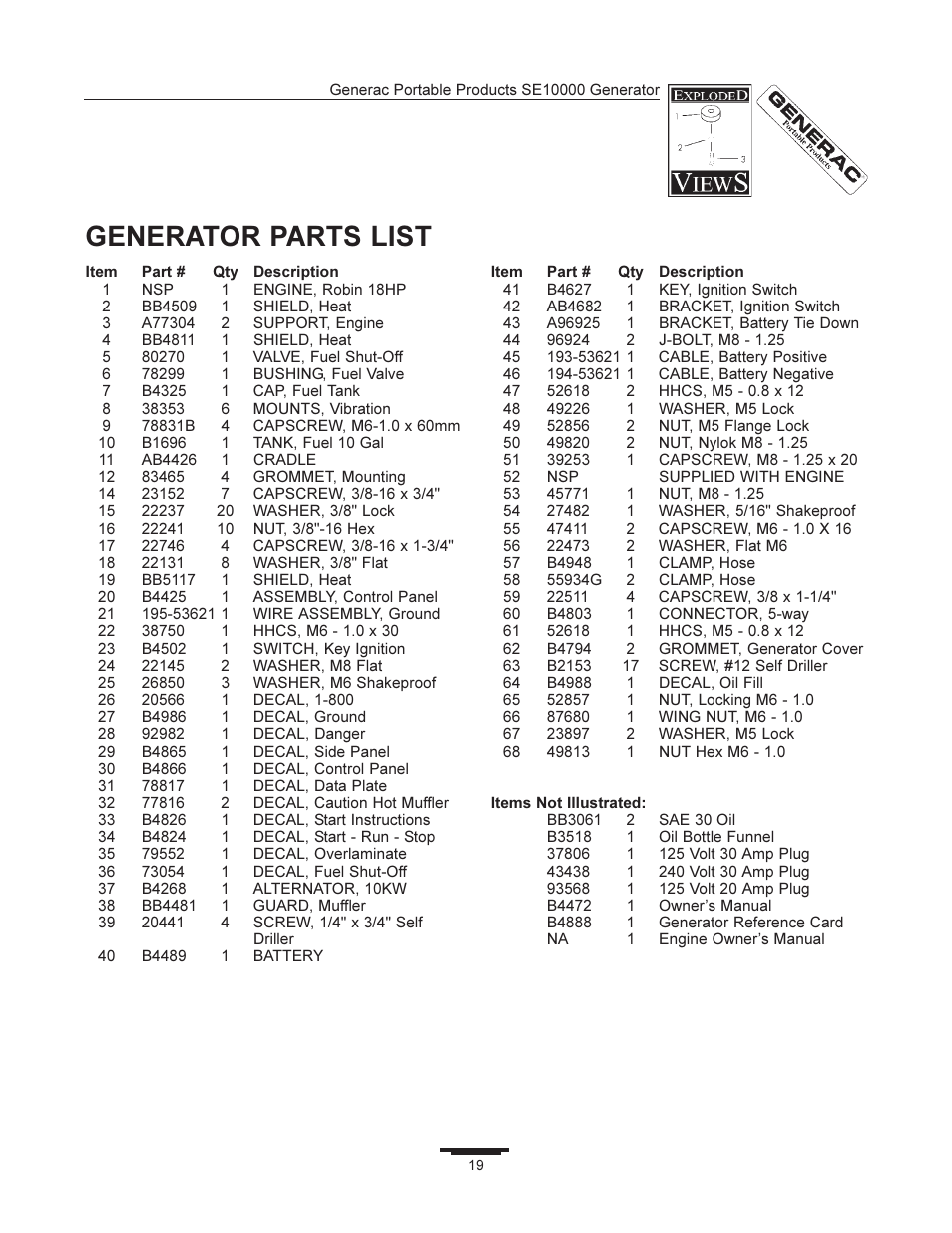Generator parts list | Generac SE10000 User Manual | Page 19 / 24