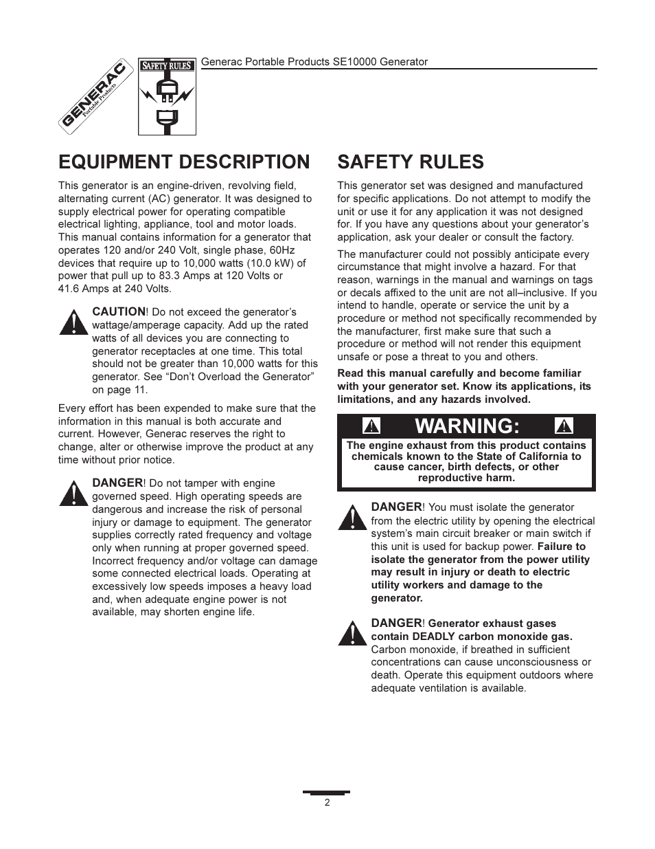 Warning, Equipment description, Safety rules | Generac SE10000 User Manual | Page 2 / 24