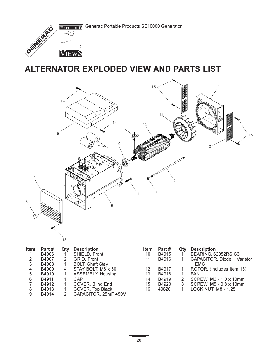 Alternator exploded view and parts list | Generac SE10000 User Manual | Page 20 / 24