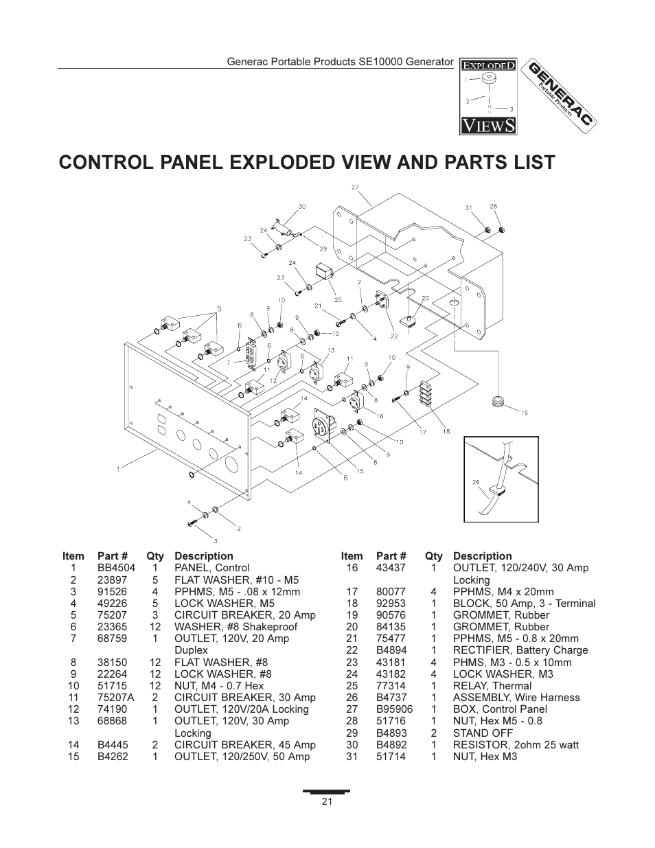Control panel exploded view and parts list | Generac SE10000 User Manual | Page 21 / 24
